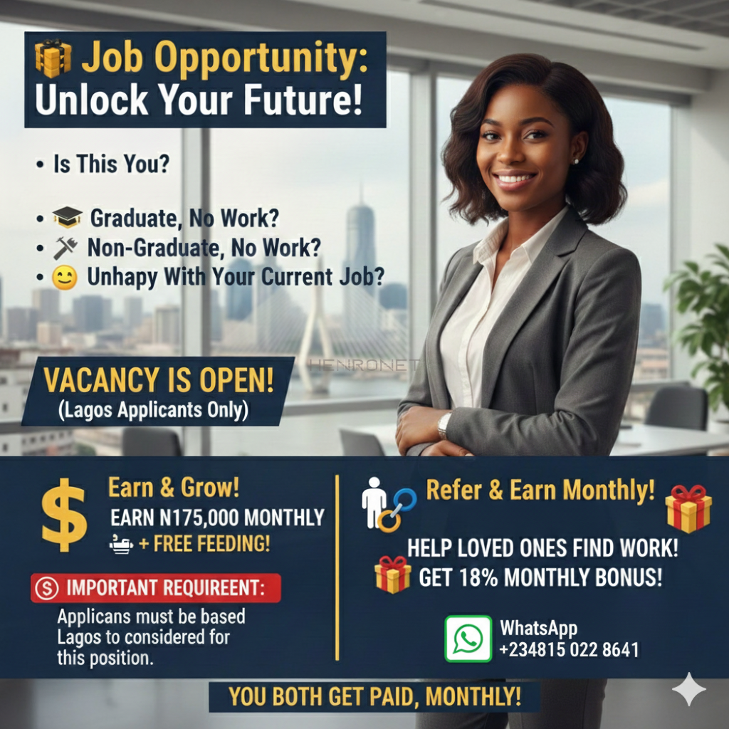 Job Vacancy in Lagos: ₦175,000 Monthly + Free Meals